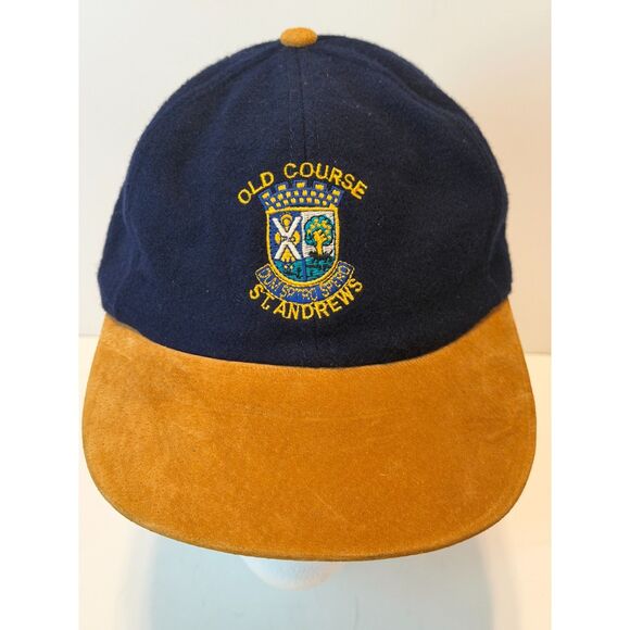 The Marque Old Course St. Andrews Adjustable Strap Hat Wool Melton Navy Blue Tan - Picture 1 of 8